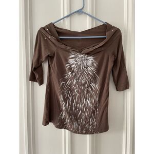 Tommy Bahama v-neck off shoulder  top brown w/white/silver painted S